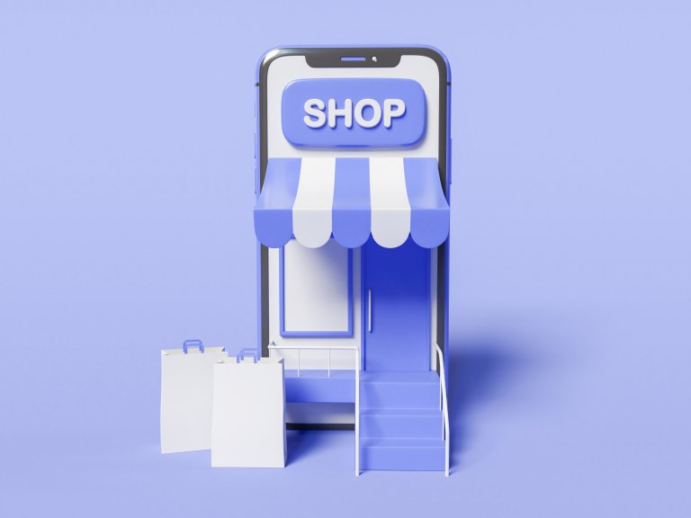 Ilustración de un teléfono inteligente con una tienda en línea y bolsas de compras